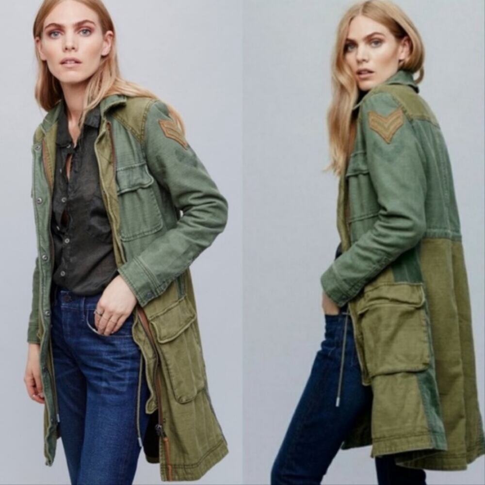 Free People size small jacket military green trench academia 80s retro patch